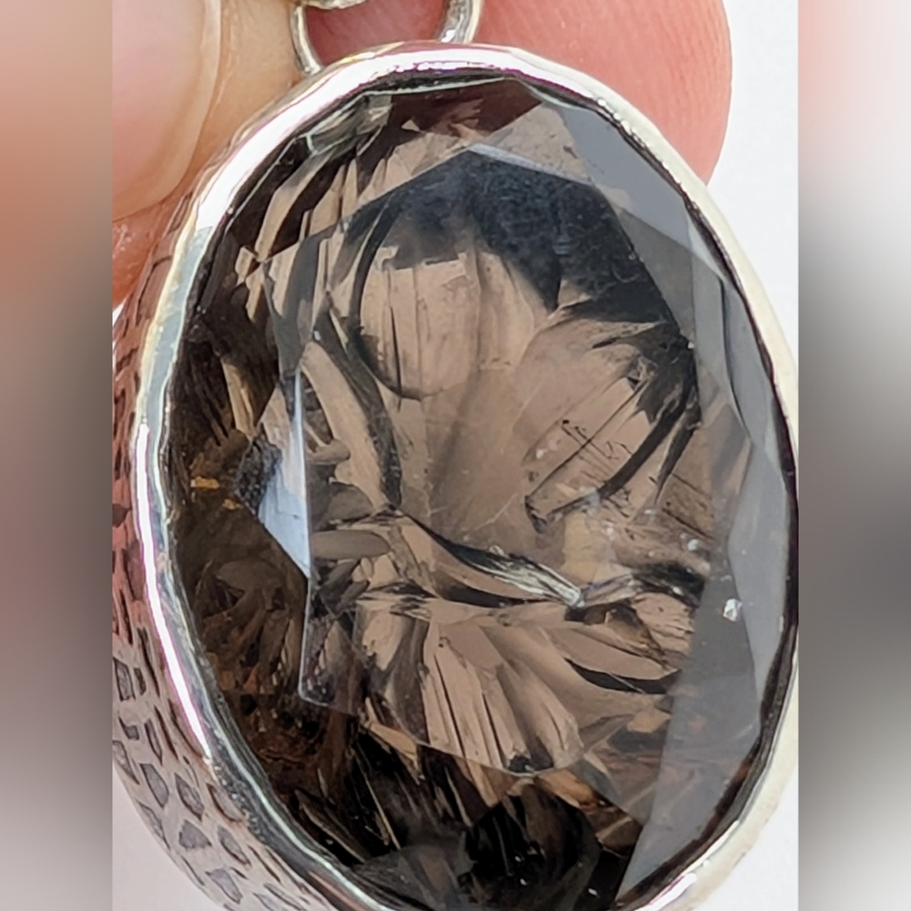 Carved Flower Smoky Quartz Pendant S925 Sterling Silver - Picture 2 of 7